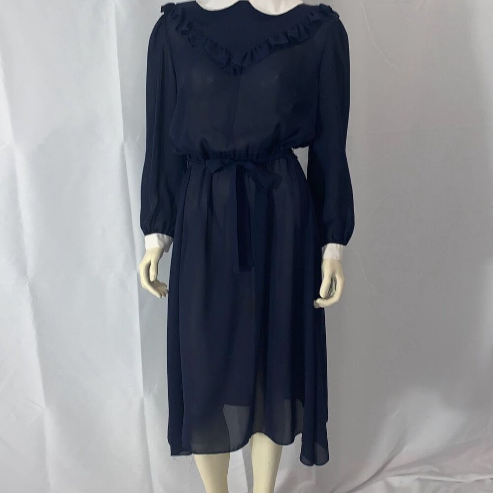 Vintage Whimsigoth Victorian Dark Navy Sheer Chiffon Tie Waist Long Sleeve Dress